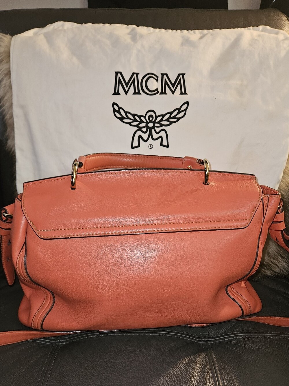 MCM Coral Orange Leather Top-Handle Satchel with Strap - Picture 5 of 7